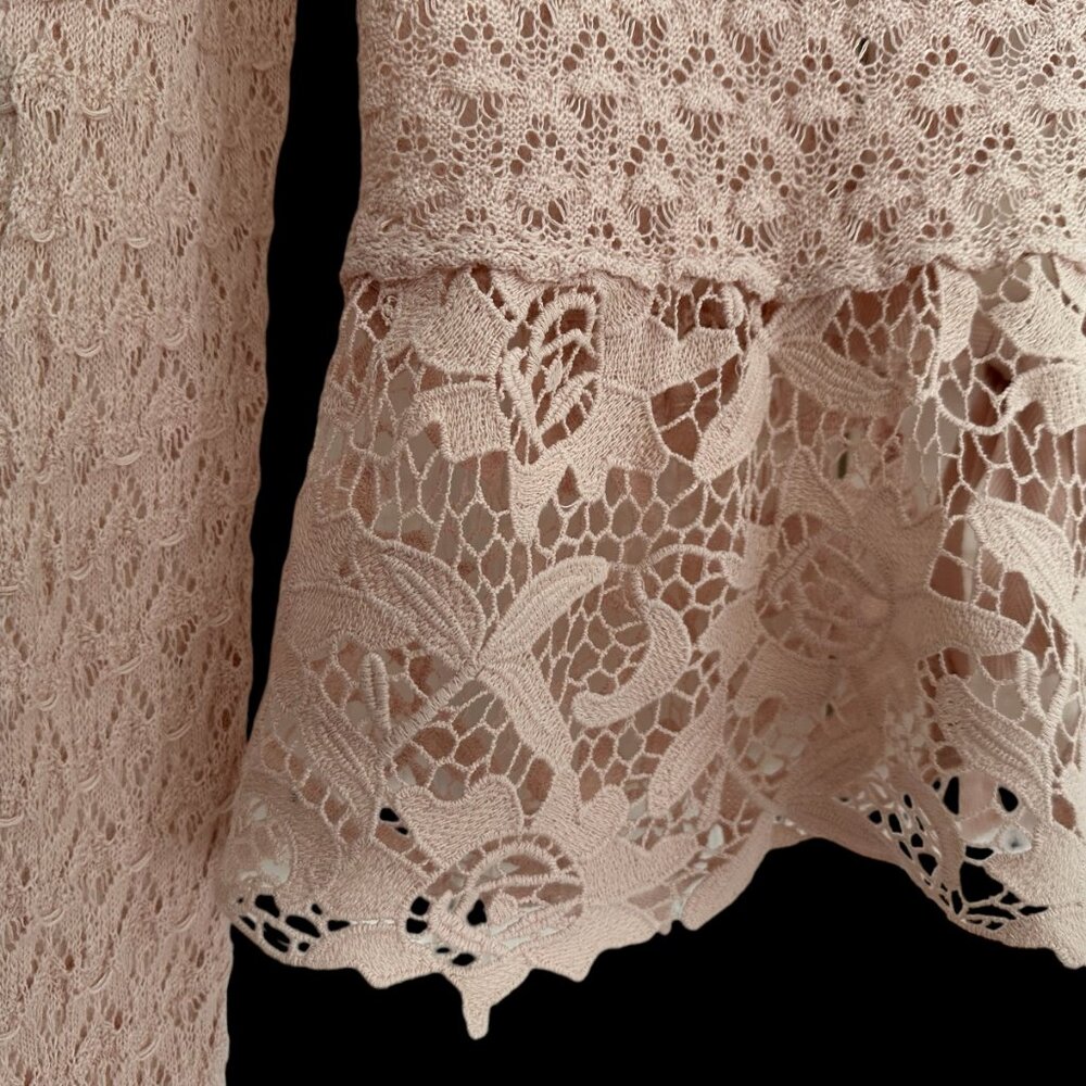 Free People Boho Open Knit Crochet Lace Flounce Tie Open Back XS Top Pink EUC